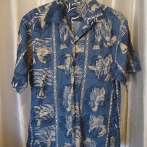 Go Barefoot Men's Hawaiian Button Down Blue/Tan/White Shirt Sz M 100% Cotton